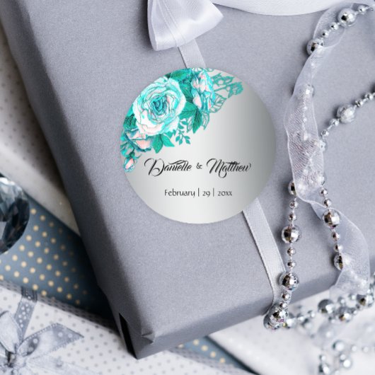Turquoise Rozen op Silver Wedding Ronde Sticker