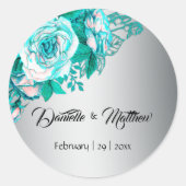 Turquoise Rozen op Silver Wedding Ronde Sticker (Voorkant)