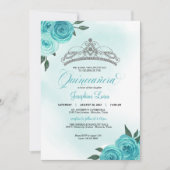 Turquoise Rozen Silver Tiara Quinceañera Birthday Kaart (Voorkant)