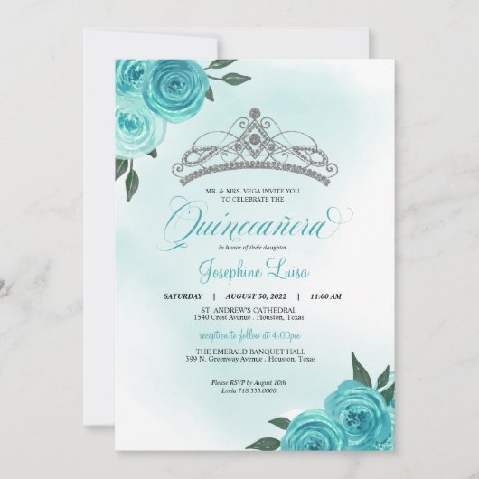 Turquoise Rozen Silver Tiara Quinceañera Birthday Kaart (Voorkant)