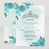 Turquoise Rozen Silver Tiara Quinceañera Birthday Kaart (Voorkant / Achterkant)