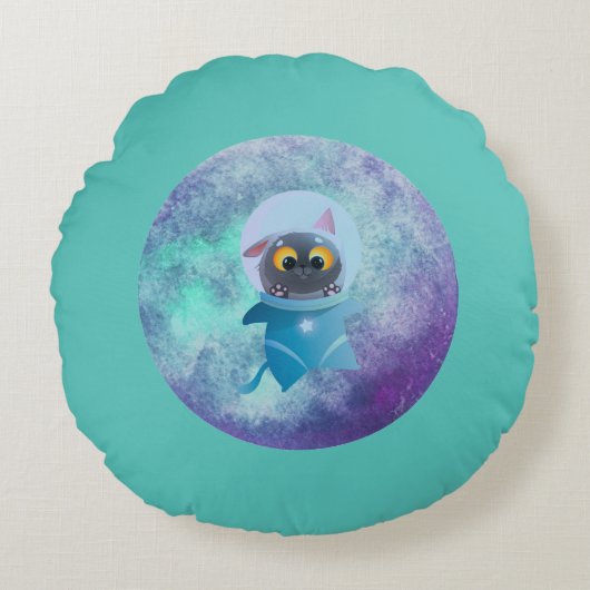 Turquoise ruimtekat ronde kussen (Voorkant)