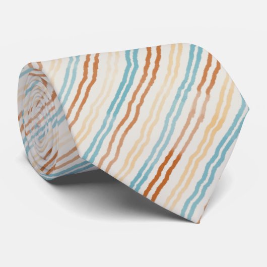Turquoise, Rust, Abrikozen Waterverf Stripes Stropdas (Opgerold)