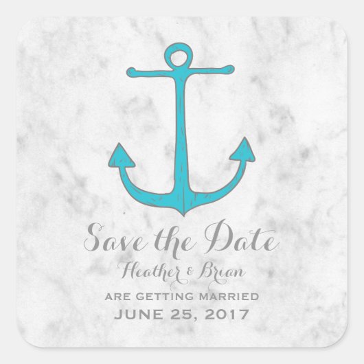 Turquoise Rustic Anchor Save the Date Vierkante Sticker (Voorkant)