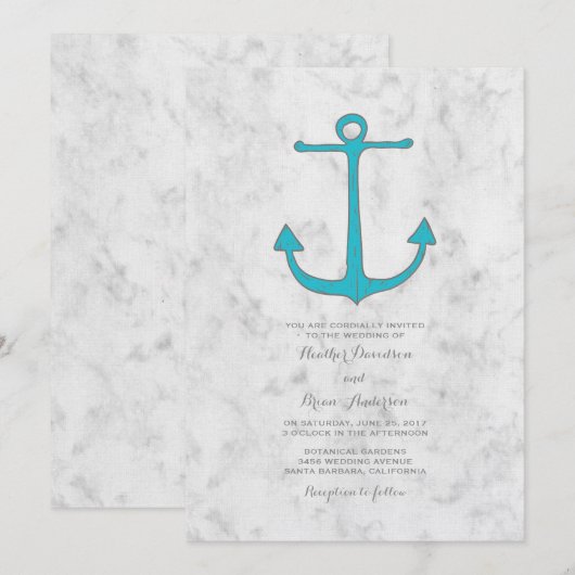 Turquoise Rustic Anchor Wedding Invite Kaart (Voorkant / Achterkant)