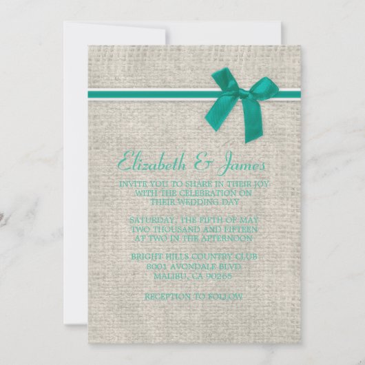 Turquoise Rustic Burlap Wedding Invitations Kaart (Voorkant)