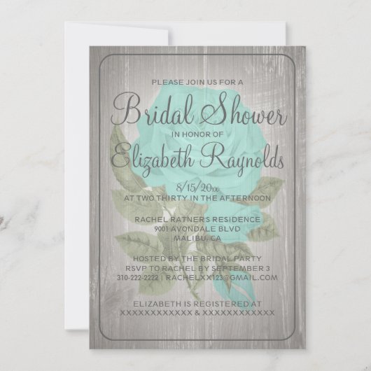 Turquoise Rustic Floral Bridal Shower Invitations Kaart (Voorkant)