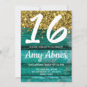 Turquoise Rustic Gold Glitter 16 Birthday Party in Kaart (Voorkant)