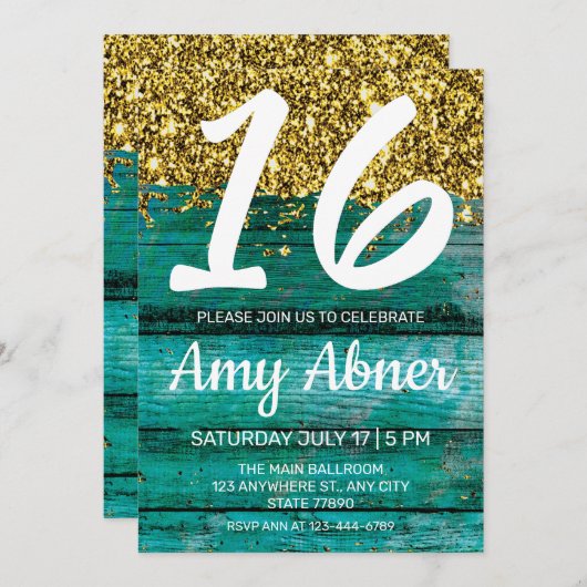 Turquoise Rustic Gold Glitter 16 Birthday Party in Kaart (Voorkant / Achterkant)