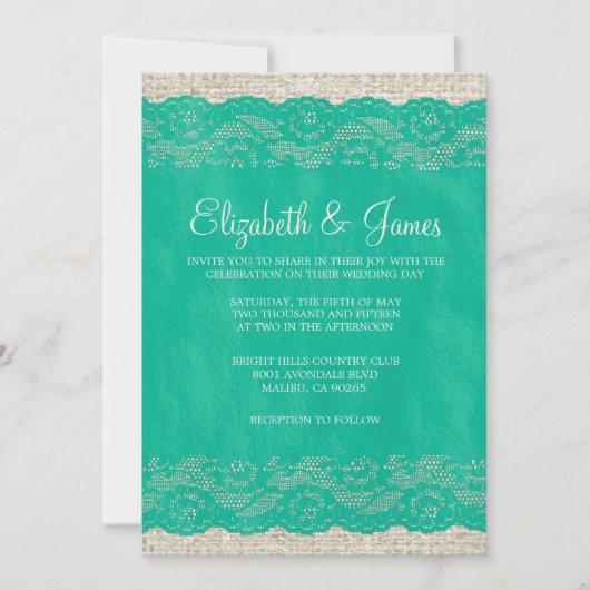 Turquoise Rustic Lace Wedding Invitations Kaart (Voorkant)