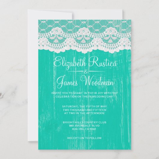 Turquoise Rustic Lace Wood Wedding Invitations Kaart (Voorkant)