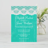 Turquoise Rustic Lace Wood Wedding Invitations Kaart (Staand voorkant)