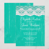 Turquoise Rustic Lace Wood Wedding Invitations Kaart (Voorkant / Achterkant)