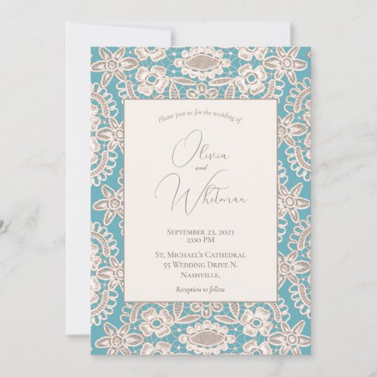 Turquoise Rustic Lace Yellow Wedding Invitations Kaart (Voorkant)