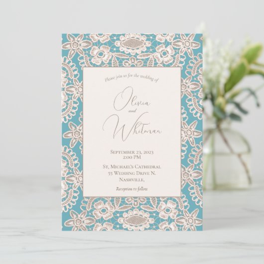 Turquoise Rustic Lace Yellow Wedding Invitations Kaart (Staand voorkant)