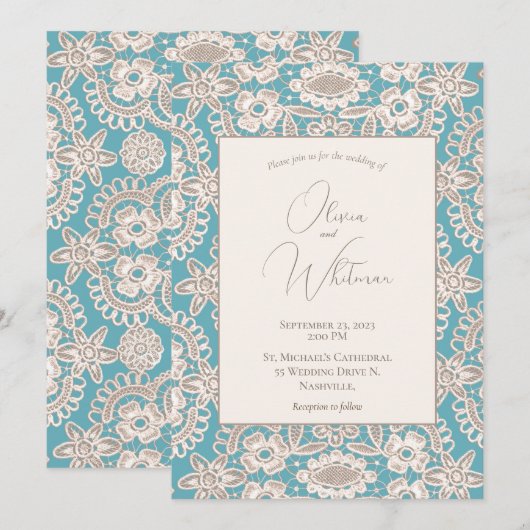 Turquoise Rustic Lace Yellow Wedding Invitations Kaart (Voorkant / Achterkant)