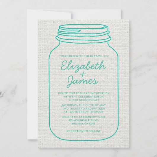Turquoise Rustic Mason Jar Wedding Invitations Kaart (Voorkant)