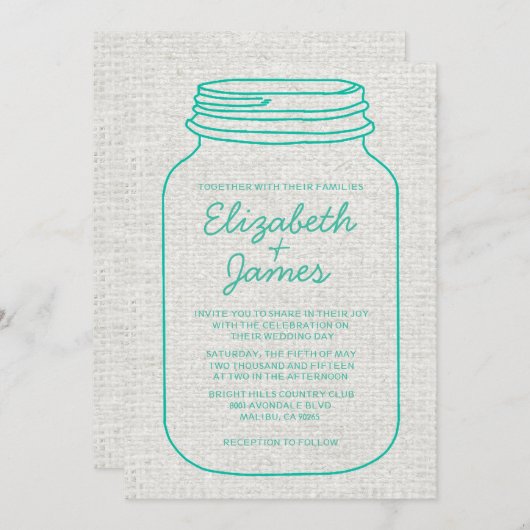 Turquoise Rustic Mason Jar Wedding Invitations Kaart (Voorkant / Achterkant)