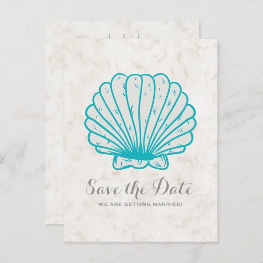 Turquoise Rustic Seashell Save the Date Briefkaart (Voorkant / Achterkant)