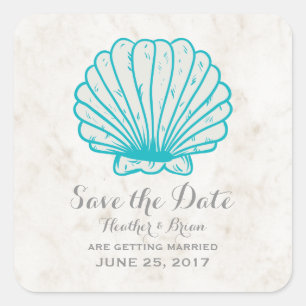 Turquoise Rustic Seashell Save the Date Vierkante Sticker