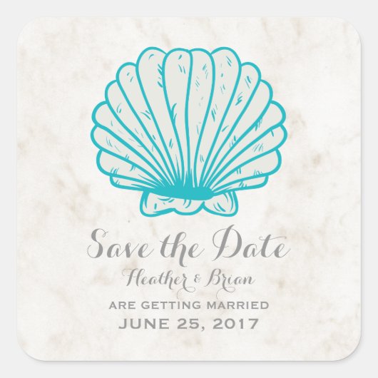 Turquoise Rustic Seashell Save the Date Vierkante Sticker (Voorkant)