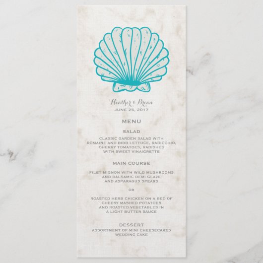 Turquoise Rustic Seashell Wedding Menu (Voorkant)