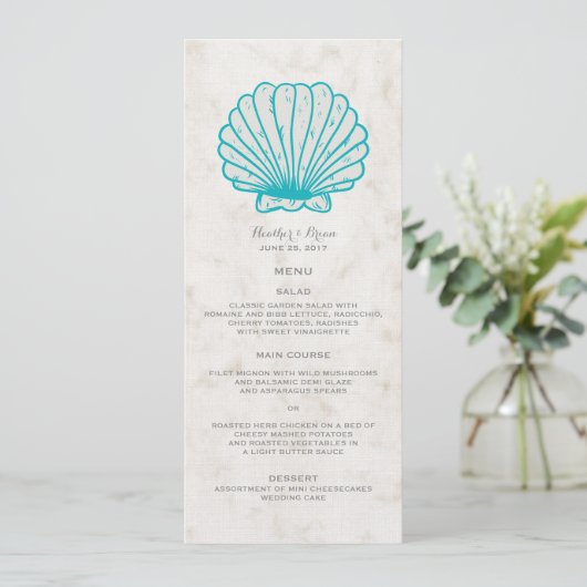 Turquoise Rustic Seashell Wedding Menu (Staand voorkant)