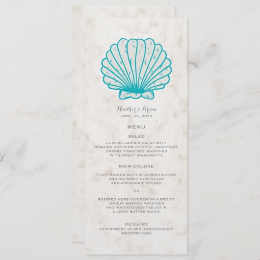 Turquoise Rustic Seashell Wedding Menu (Voorkant / Achterkant)