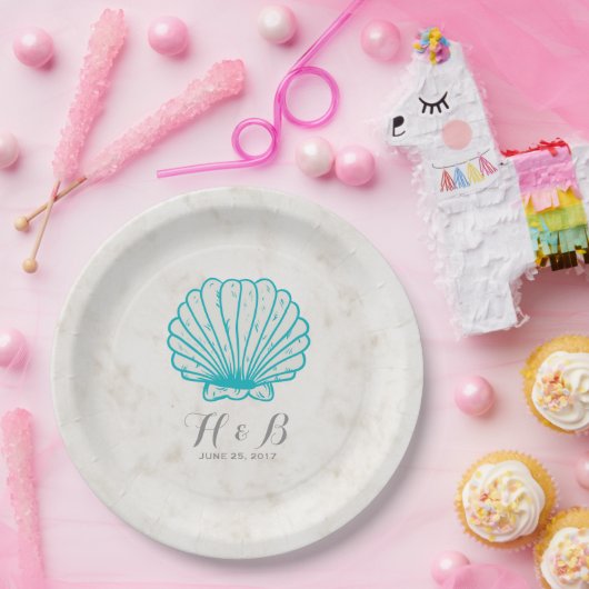 Turquoise Rustic Seashell Wedding Papieren Bordje (Feest)