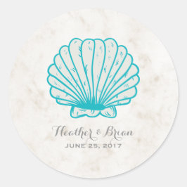 Turquoise Rustic Seashell Wedding Ronde Sticker