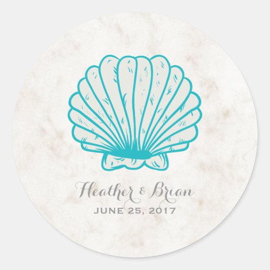 Turquoise Rustic Seashell Wedding Ronde Sticker (Voorkant)