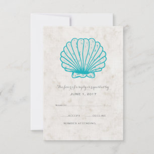 Turquoise Rustic Seashell Wedding RSVP Kaart