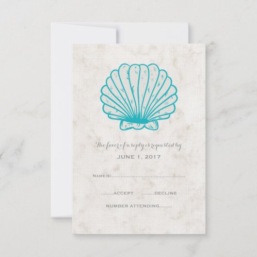 Turquoise Rustic Seashell Wedding RSVP Kaart (Voorkant)