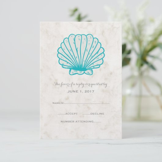 Turquoise Rustic Seashell Wedding RSVP Kaart (Staand voorkant)