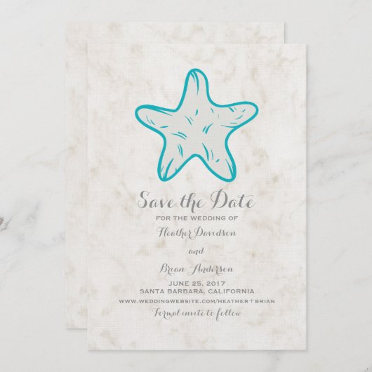 Turquoise Rustic Starfish Save the Date Invite (Voorkant / Achterkant)
