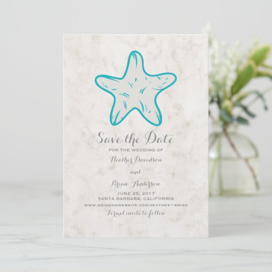 Turquoise Rustic Starfish Save the Date Invite (Staand voorkant)