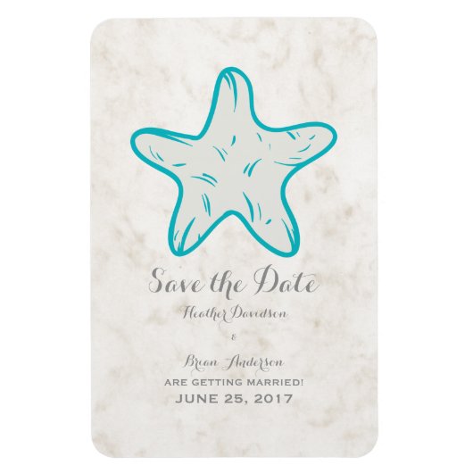 Turquoise Rustic Starfish Save the Date Magneet (Verticaal)