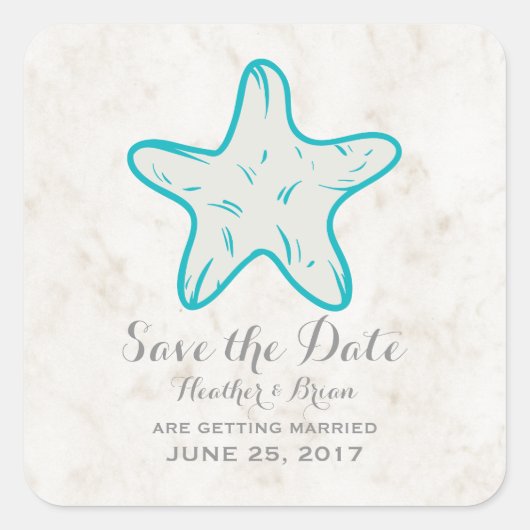 Turquoise Rustic Starfish Save the Date Vierkante Sticker (Voorkant)