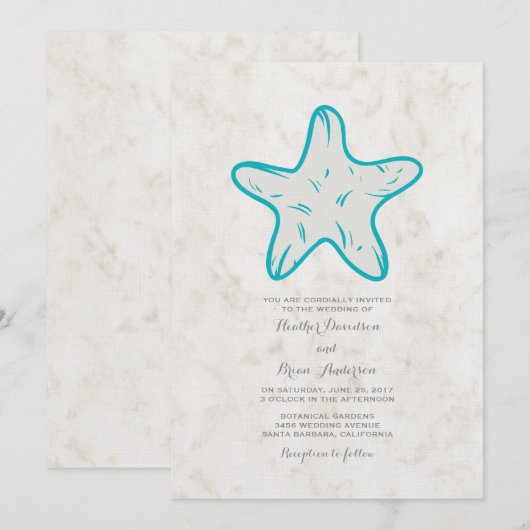 Turquoise Rustic Starfish Wedding Invite Kaart (Voorkant / Achterkant)