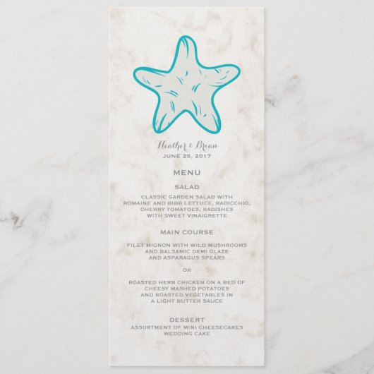 Turquoise Rustic Starfish Wedding Menu (Voorkant)