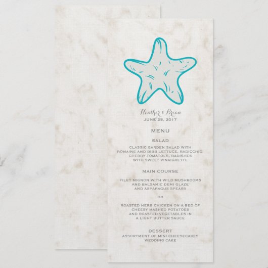 Turquoise Rustic Starfish Wedding Menu (Voorkant / Achterkant)