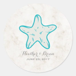 Turquoise Rustic Starfish Wedding Ronde Sticker