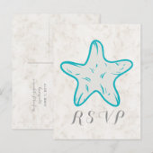 Turquoise Rustic Starfish Wedding RSVP Briefkaart (Voorkant / Achterkant)