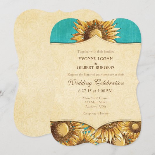 Turquoise Rustic Sunflower Wedding Invitation Kaart (Voorkant / Achterkant)