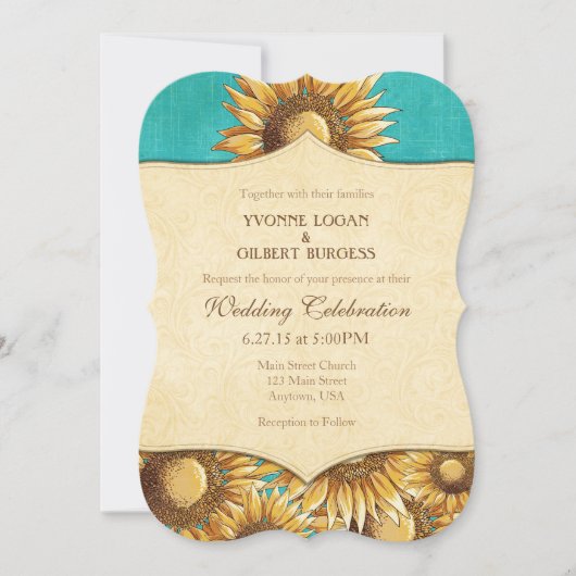 Turquoise Rustic Sunflower Wedding Invitation Kaart (Voorkant)