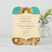 Turquoise Rustic Sunflower Wedding Invitation Kaart (Staand voorkant)