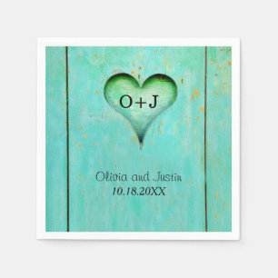 Turquoise Rustic Wood Monogrammed Heart Servetten