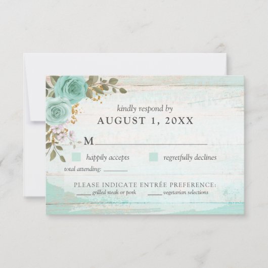 Turquoise Rustiek Hout Bloemen RSVP Kaart (Voorkant)