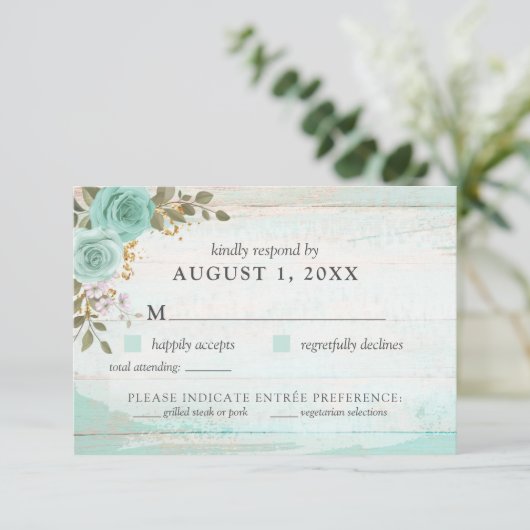  Turquoise Rustiek Hout Bloemen RSVP Kaart (Staand voorkant)