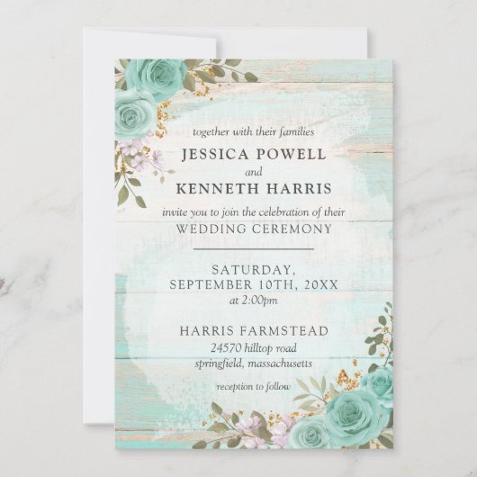  turquoise rustieke houten bloemenbruiloft Rozen Kaart (Voorkant)